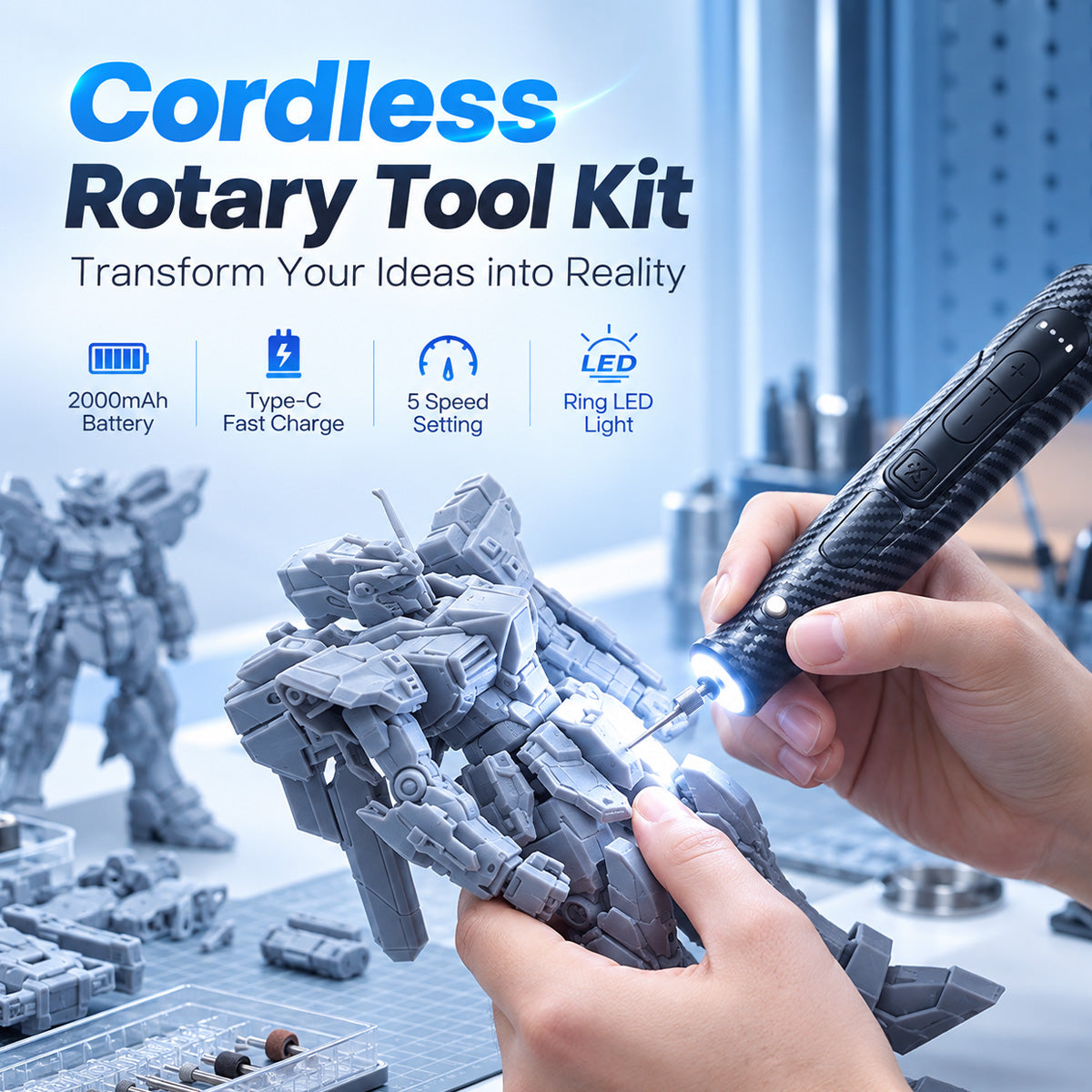 HARDELL 4V Carbon Fiber Essential 70pcs Rotary Tool
