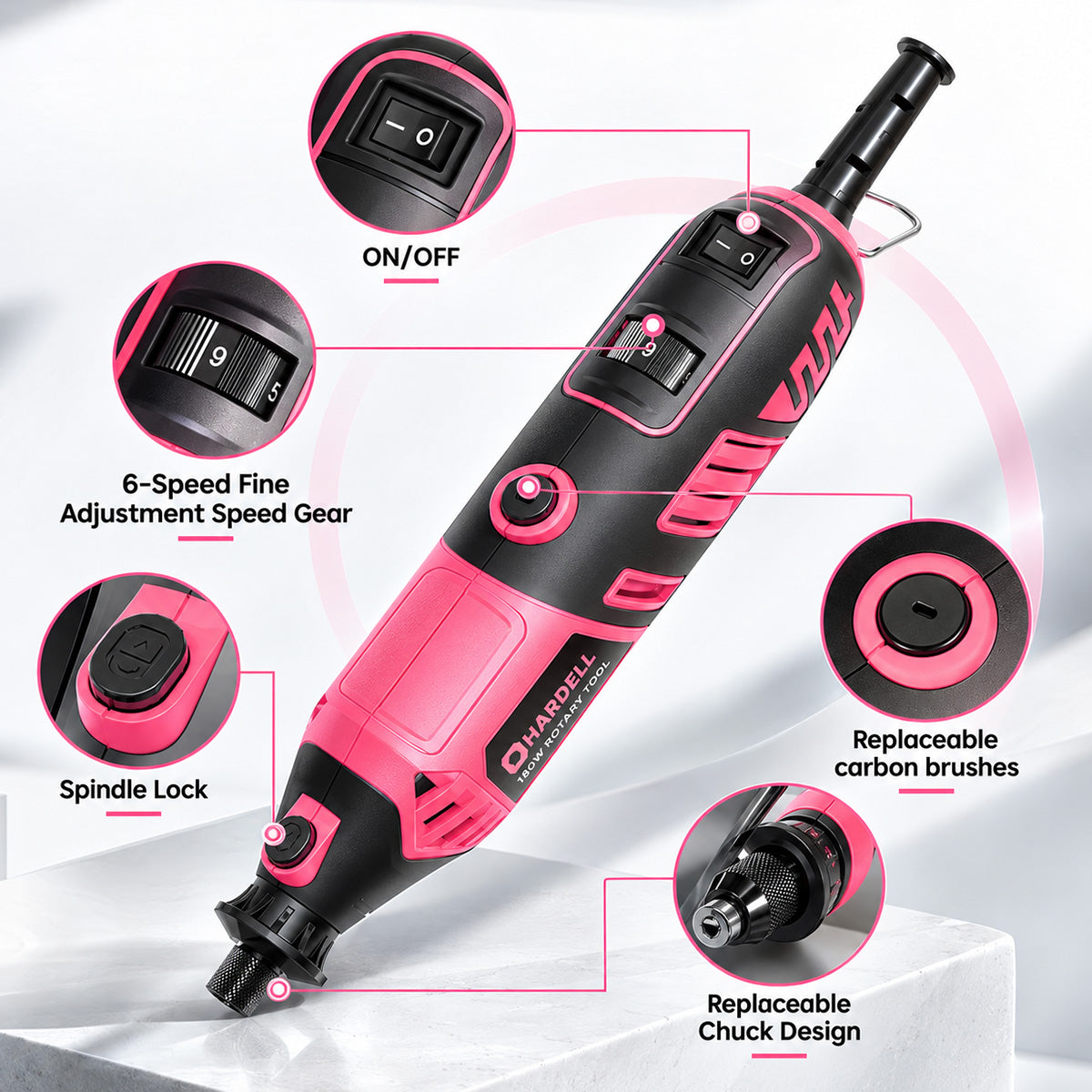 HARDELL 180W Pink Essential 61pcs Corded Rotary Tool Kit