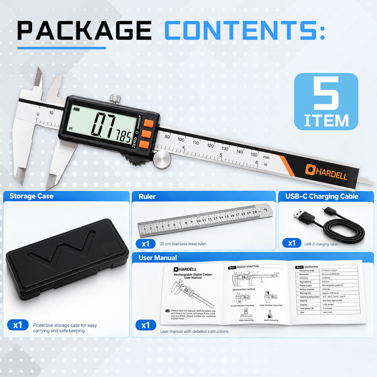 HARDELL Digital Caliper 6in Rechargeable with Power Display