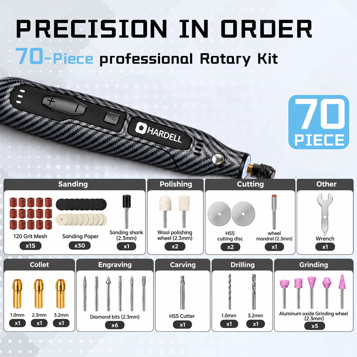 HARDELL 4V Carbon Fiber Essential 70pcs Rotary Tool