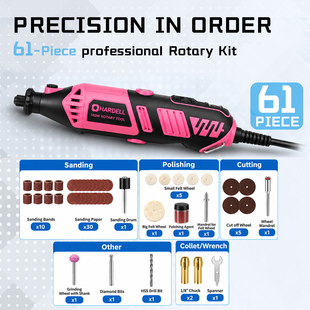 HARDELL 180W Pink Essential 61pcs Corded Rotary Tool Kit