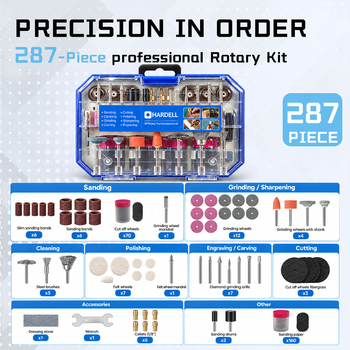 HARDELL 4V Black Rotary Tool Set with Caliper, Engraver & 287pc Kit