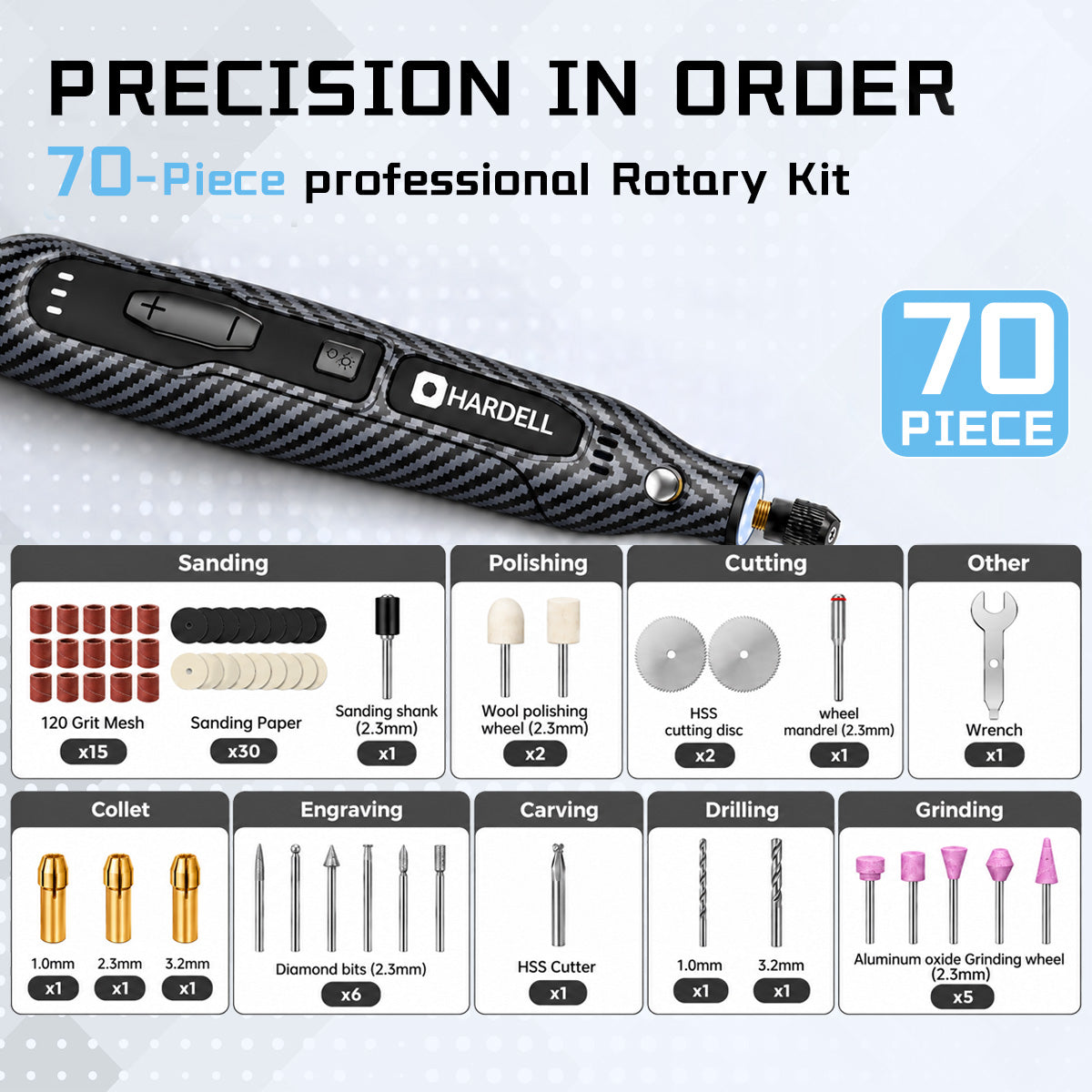 HARDELL 4V Carbon Fiber Pro 70pcs Rotary Tool Kit