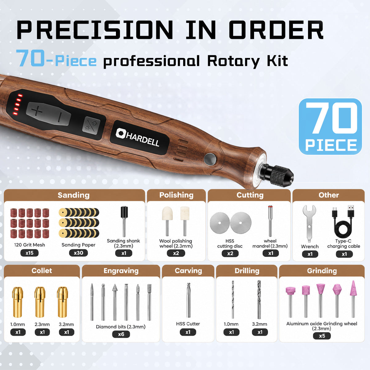 HARDELL 4V Brown Pro 70pcs Cordless Rotary Tool Kit