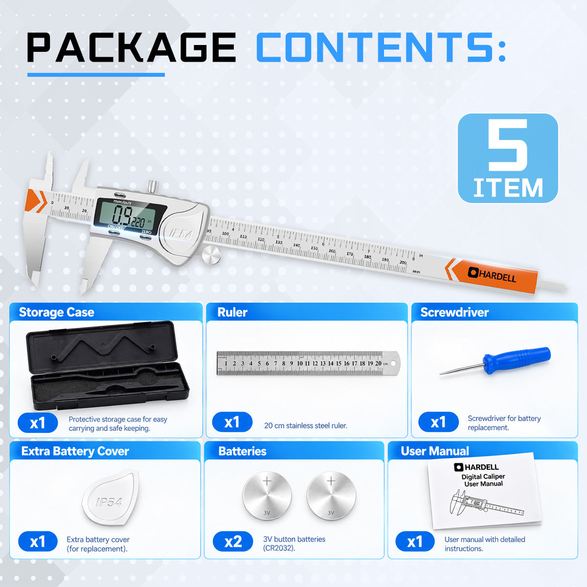 HARDELL Digital Caliper 8in IP54 Waterproof Stainless Steel