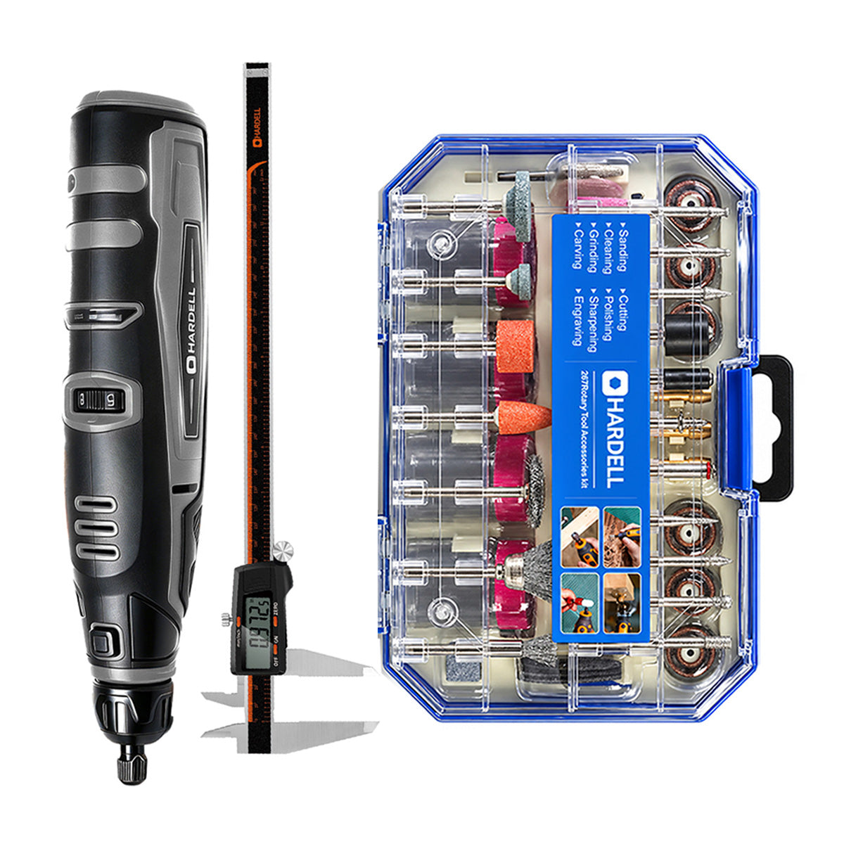 HARDELL Black 12V Rotary Tool & 12" Caliper Set with Engraver & 287pc Kit