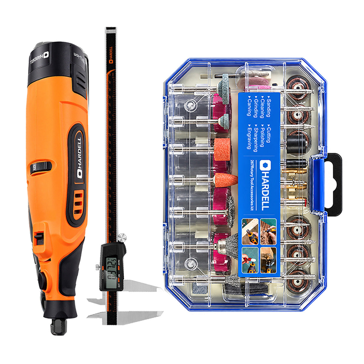 HARDELL Orange 12V Rotary Tool & 12" Caliper Set with Engraver & 287pc Kit