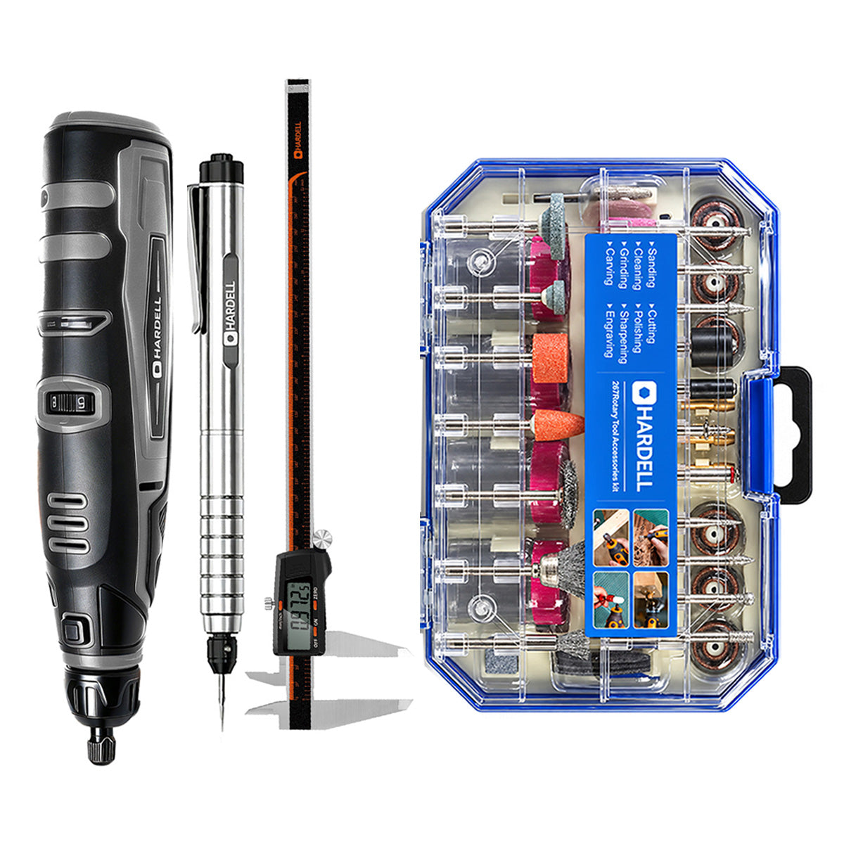 HARDELL Black 12V Rotary Tool & 12" Caliper Set with Engraver & 287pc Kit