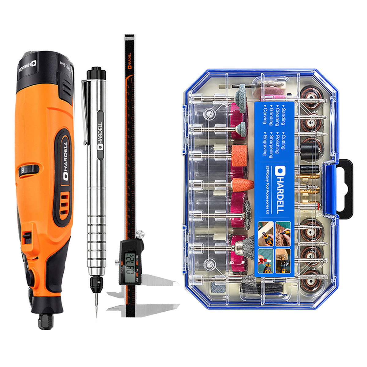 HARDELL Orange 12V Rotary Tool & 12" Caliper Set with Engraver & 287pc Kit