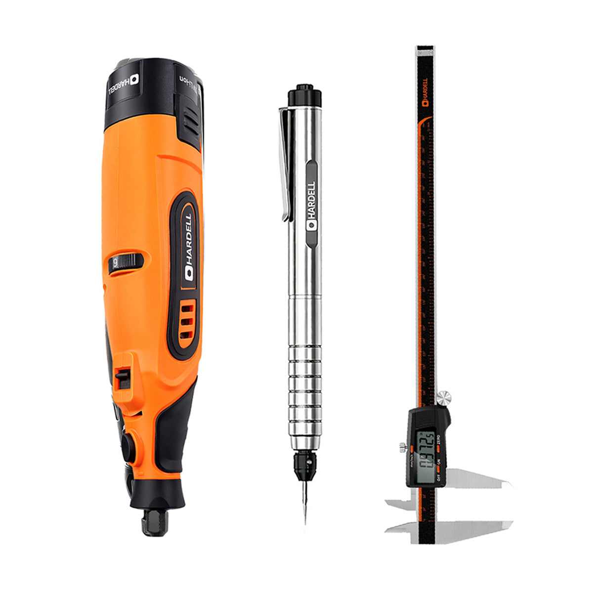HARDELL Orange 12V Rotary Tool & 12" Caliper Set with Engraver & 287pc Kit