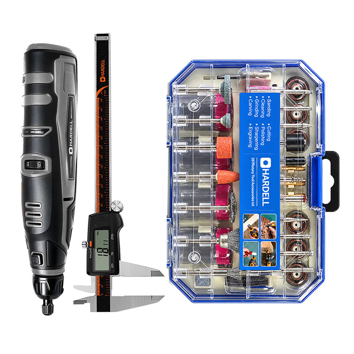 HARDELL Black 12V Rotary Tool & 8" Caliper Set with Engraver & 287pc Kit