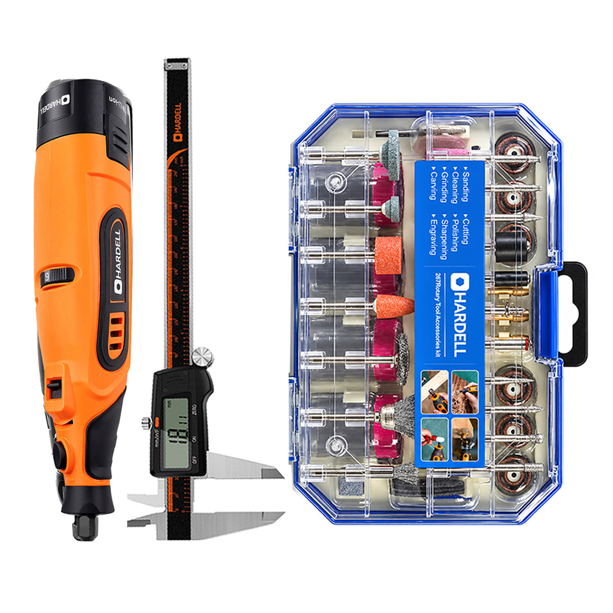 HARDELL Orange 12V Rotary Tool & 8" Caliper Set with Engraver & 287pc Kit