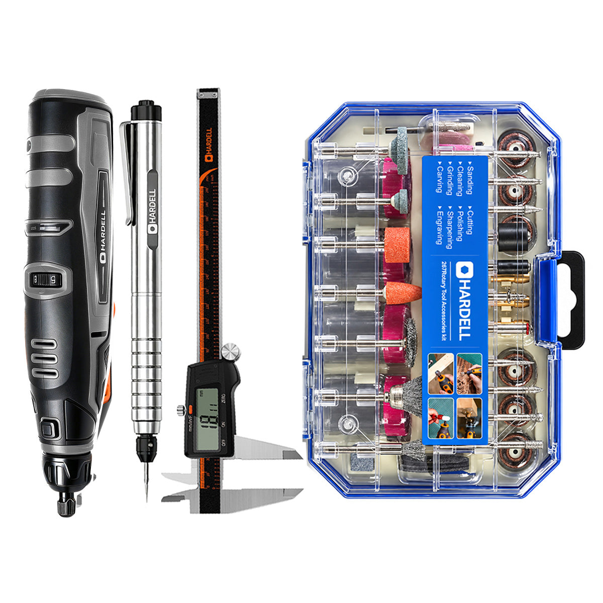 HARDELL Black 12V Rotary Tool & 8" Caliper Set with Engraver & 287pc Kit