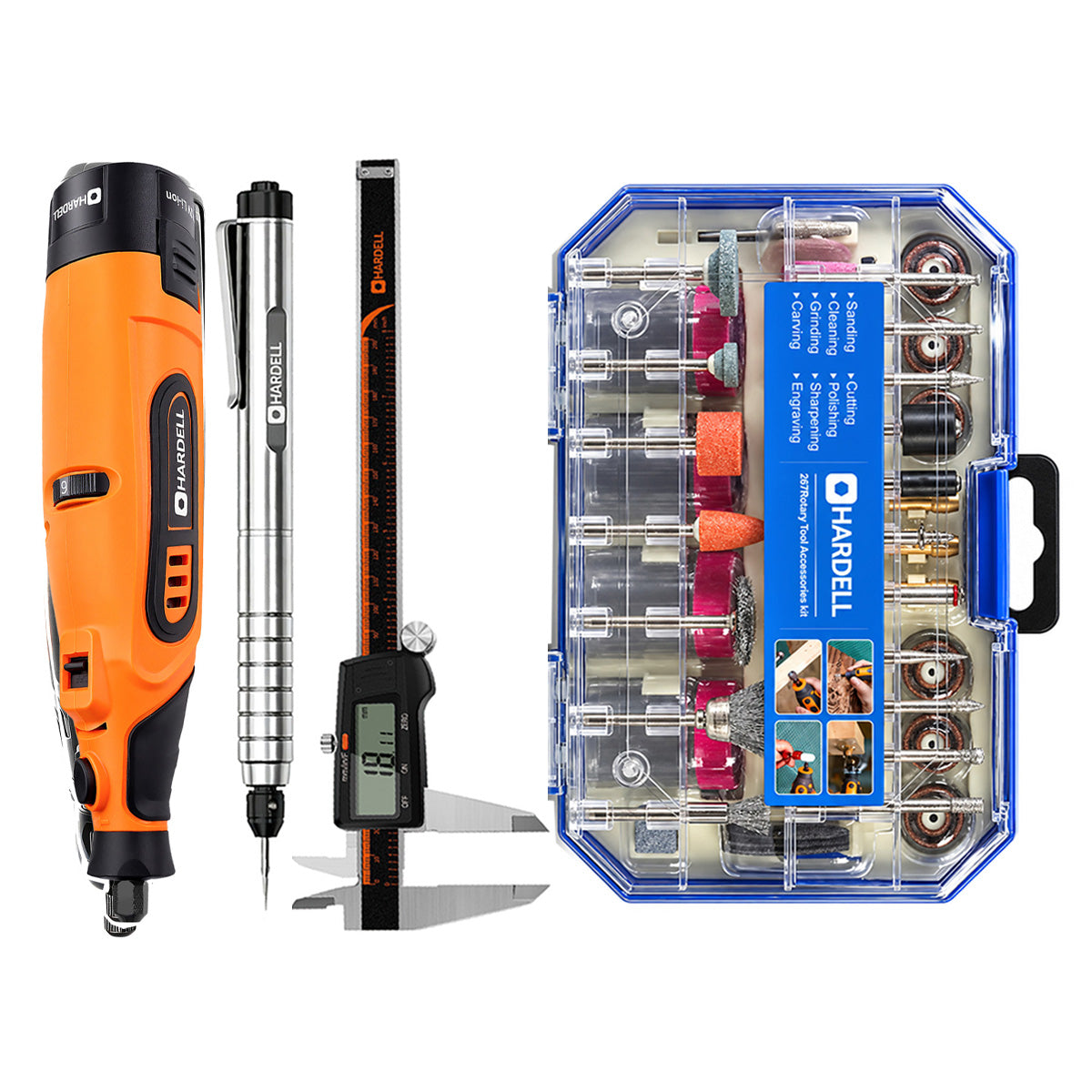 HARDELL Orange 12V Rotary Tool & 8" Caliper Set with Engraver & 287pc Kit