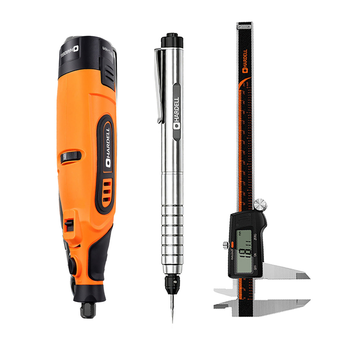 HARDELL Orange 12V Rotary Tool & 8" Caliper Set with Engraver & 287pc Kit