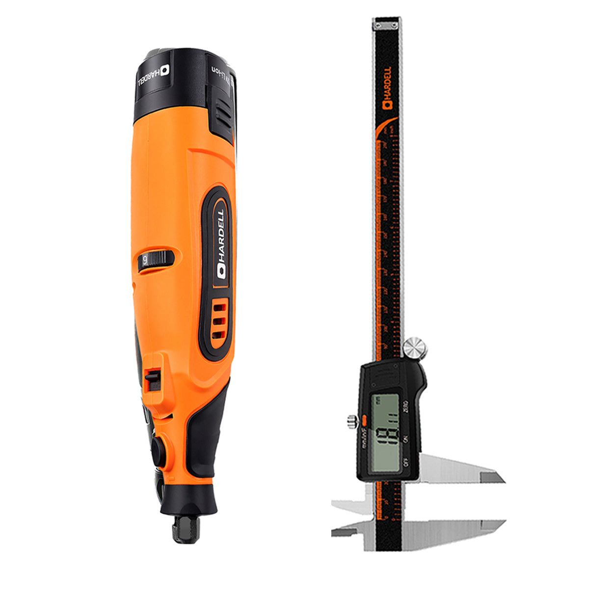 HARDELL Orange 12V Rotary Tool & 8" Caliper Set with Engraver & 287pc Kit