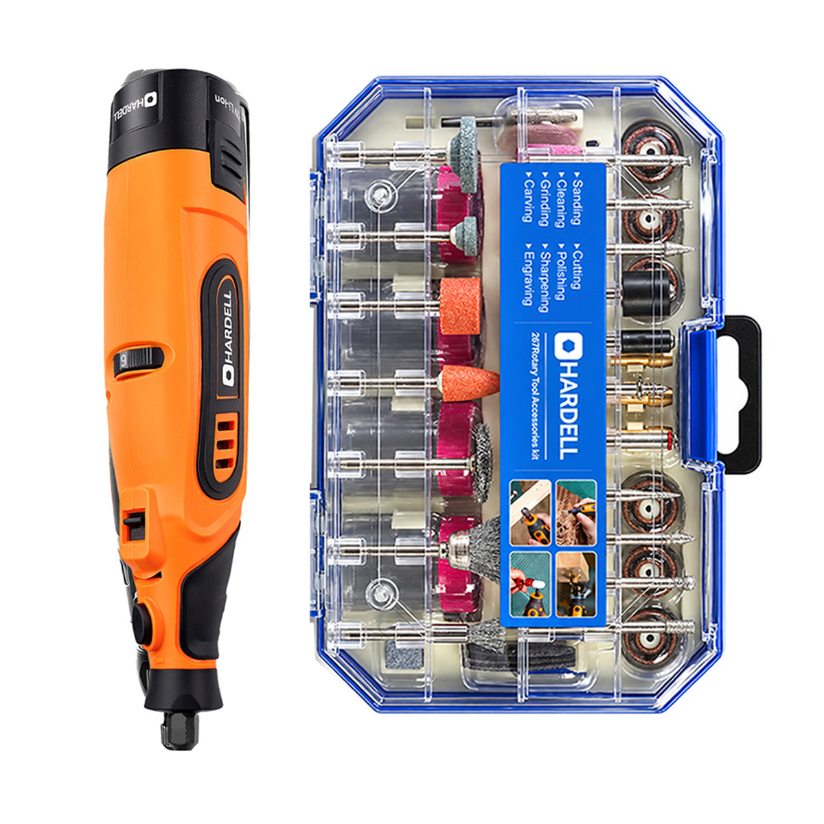 HARDELL Orange 12V Rotary Tool & 8" Caliper Set with Engraver & 287pc Kit