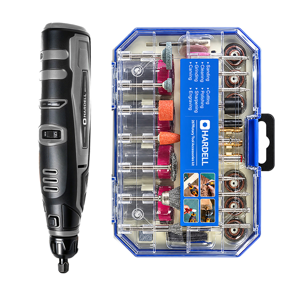HARDELL Black 12V Rotary Tool & 8" Caliper Set with Engraver & 287pc Kit