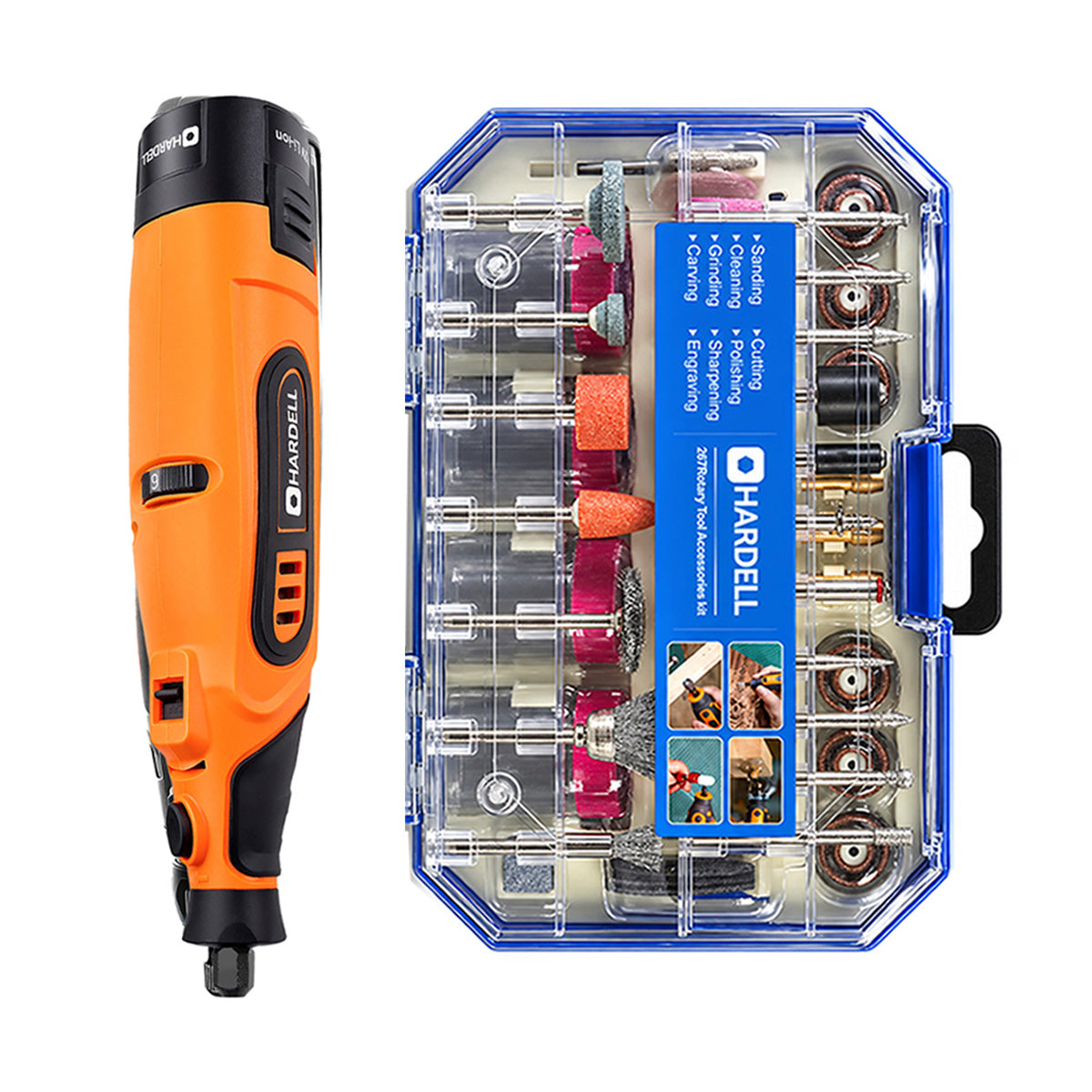 HARDELL Orange 12V Rotary Tool & 12" Caliper Set with Engraver & 287pc Kit