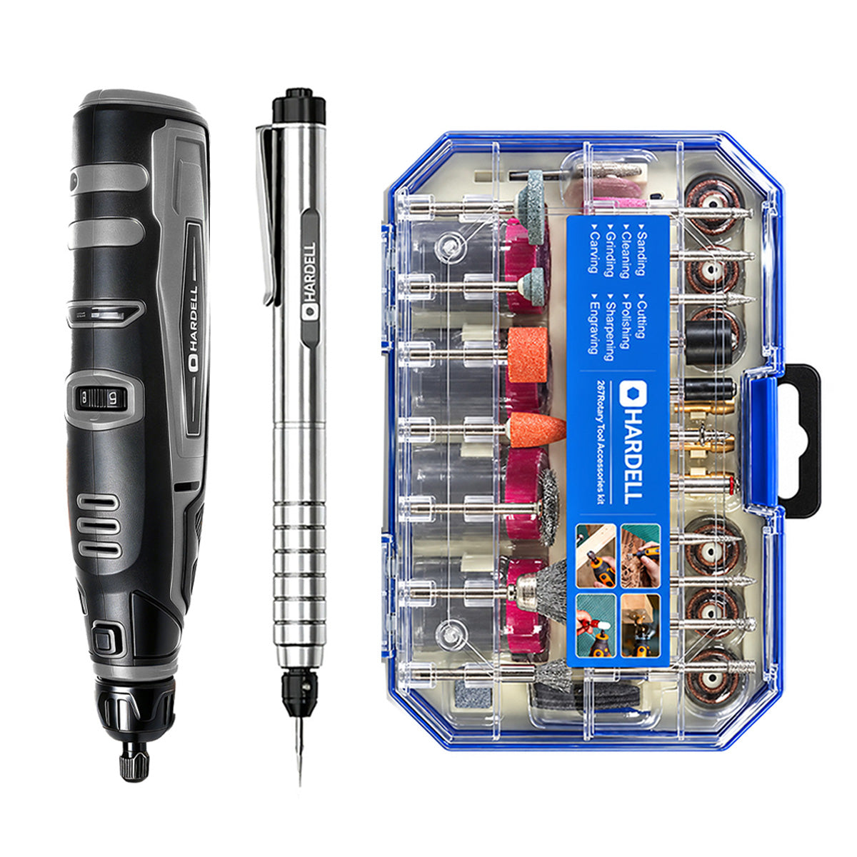 HARDELL Black 12V Rotary Tool & 8" Caliper Set with Engraver & 287pc Kit