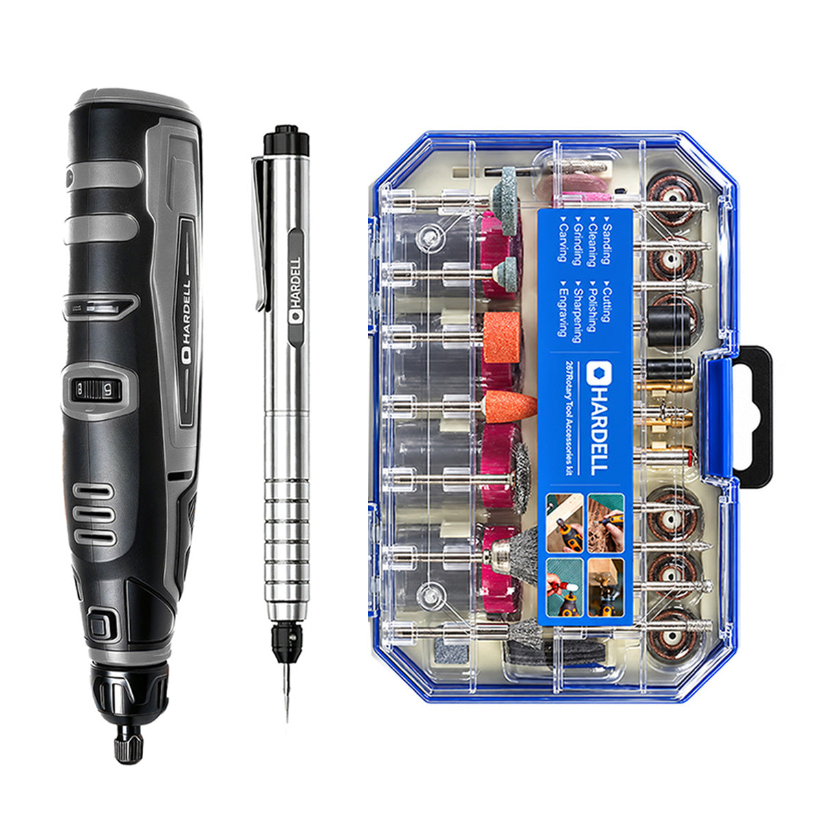 HARDELL Black 12V Rotary Tool & 12" Caliper Set with Engraver & 287pc Kit