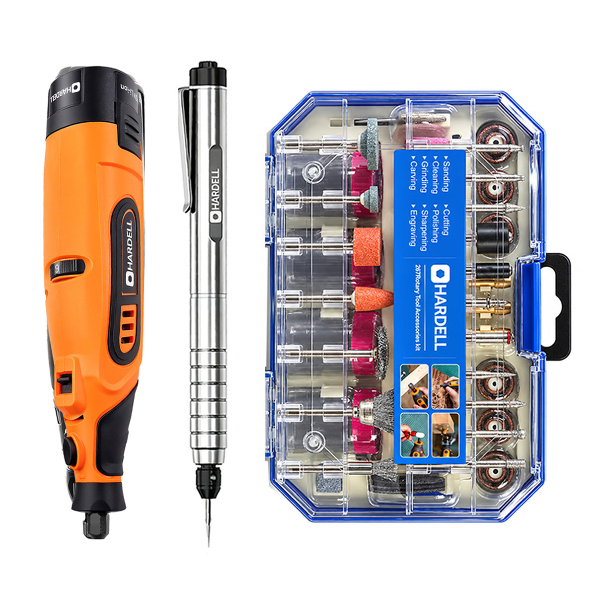 HARDELL Orange 12V Rotary Tool & 8" Caliper Set with Engraver & 287pc Kit