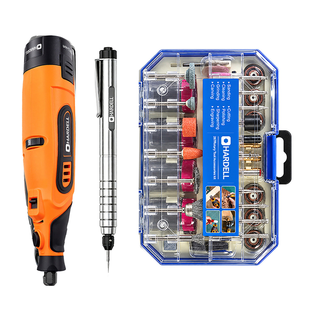 HARDELL Orange 12V Rotary Tool & 12" Caliper Set with Engraver & 287pc Kit