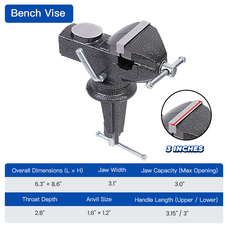 Heavy-Duty Black Bench Vise with 360° Swivel Base & Hardened Jaws