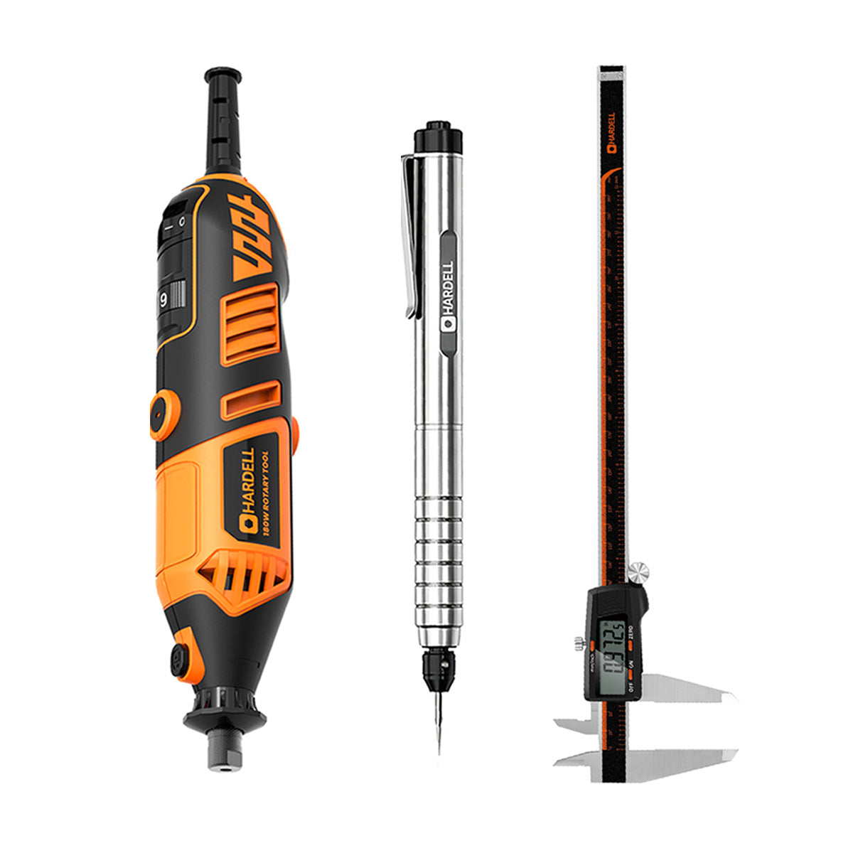 HARDELL Orange 180W Rotary Tool & 12" Caliper Set with Engraver & 287pc Kit