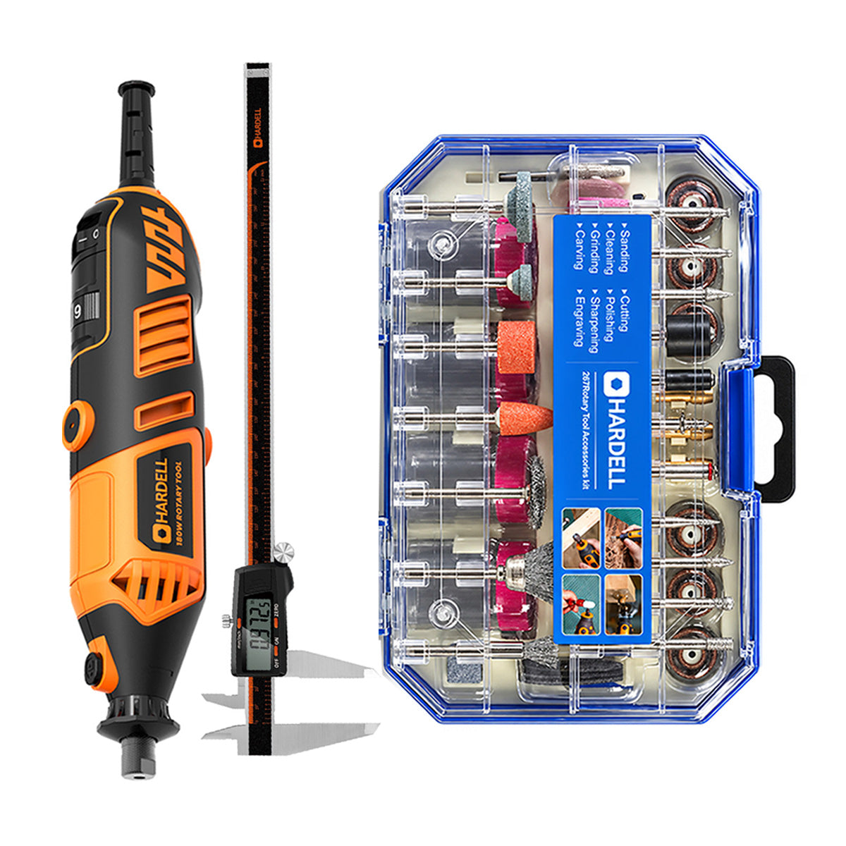 HARDELL Orange 180W Rotary Tool & 12" Caliper Set with Engraver & 287pc Kit