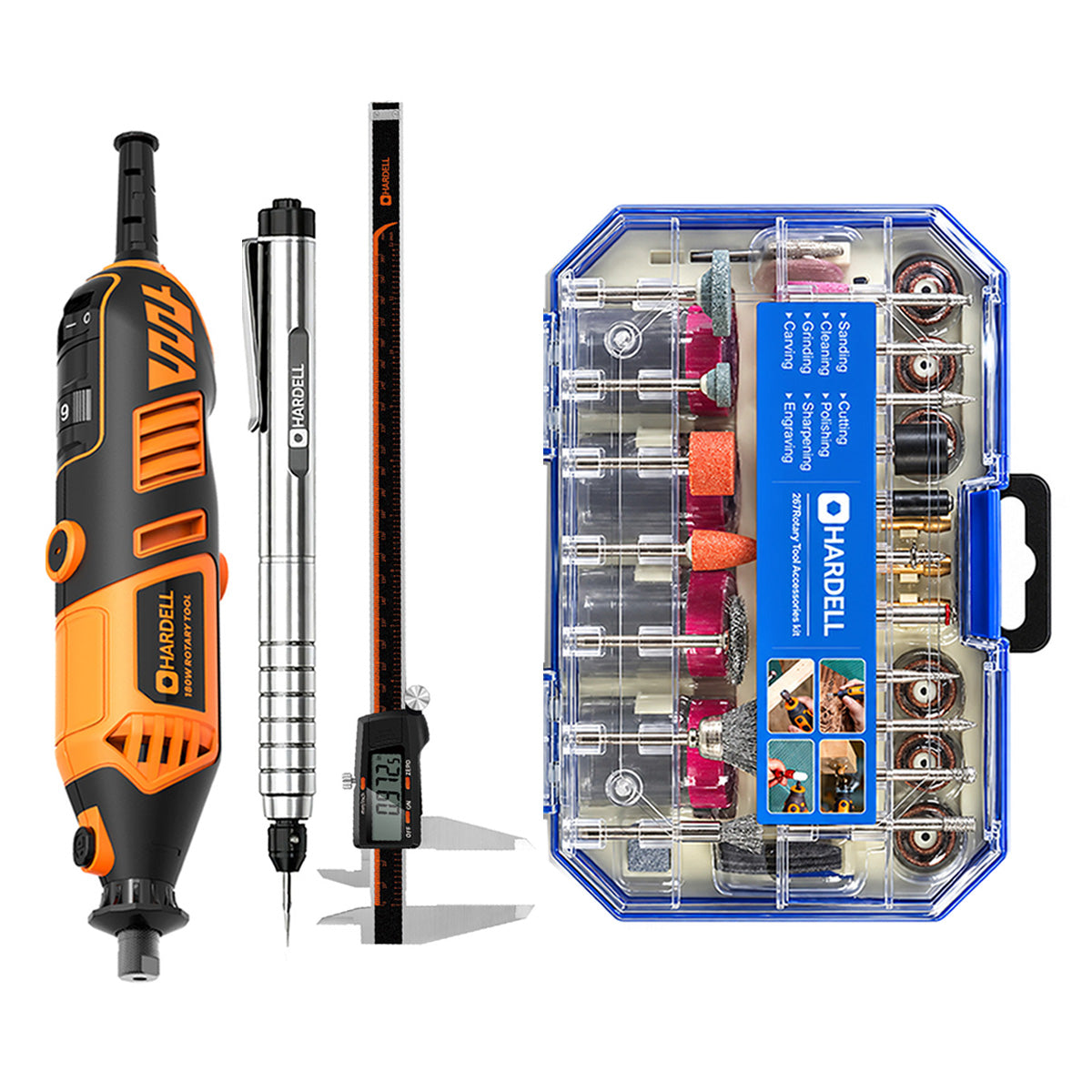HARDELL Orange 180W Rotary Tool & 12" Caliper Set with Engraver & 287pc Kit