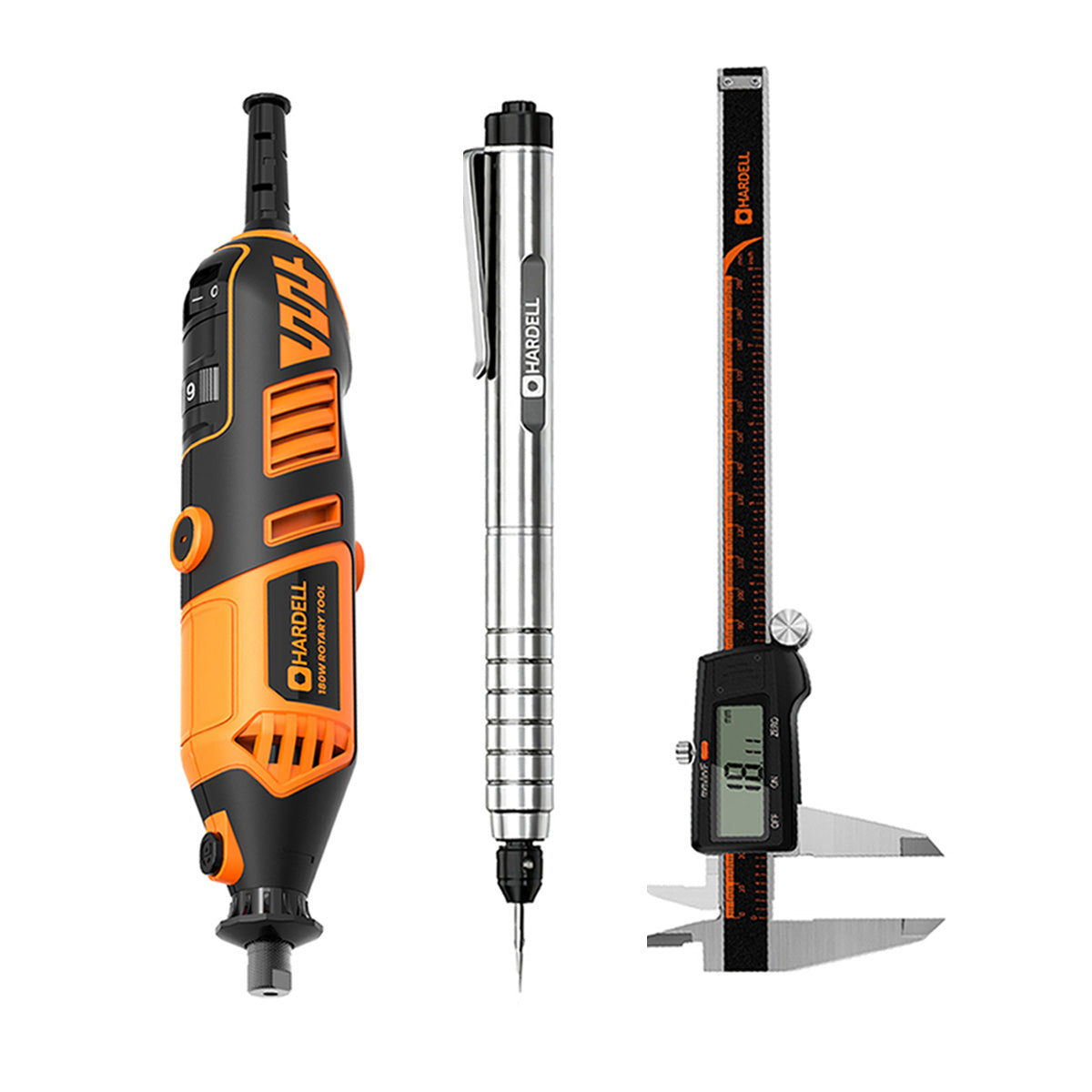 HARDELL Orange 180W Rotary Tool & 8" Caliper Set with Engraver & 287pc Kit