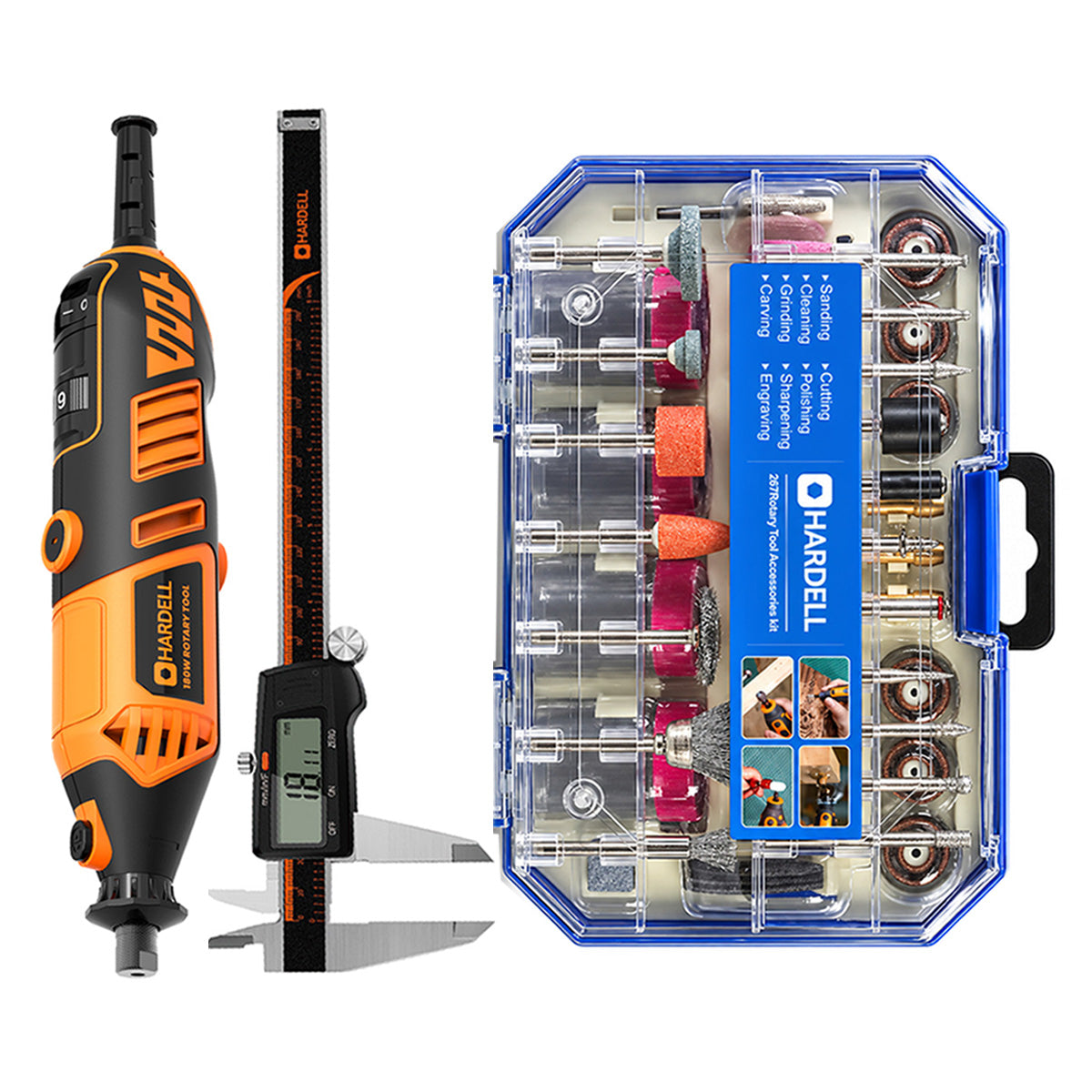 HARDELL Orange 180W Rotary Tool & 8" Caliper Set with Engraver & 287pc Kit