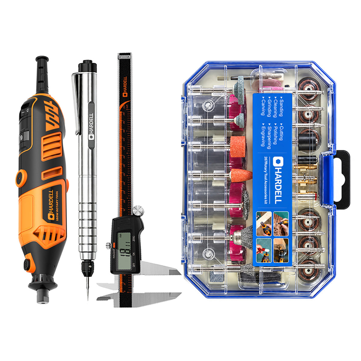 HARDELL Orange 180W Rotary Tool & 8" Caliper Set with Engraver & 287pc Kit