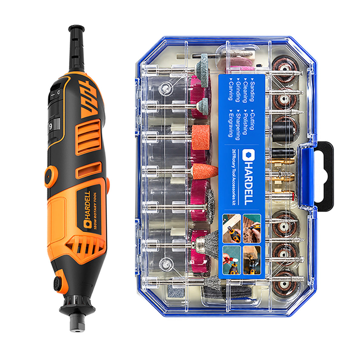HARDELL Orange 180W Rotary Tool & 12" Caliper Set with Engraver & 287pc Kit