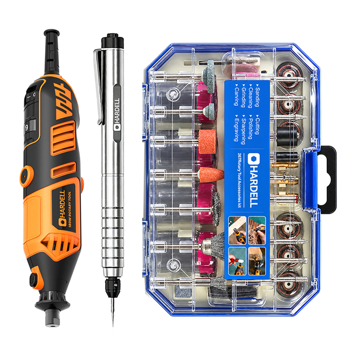 HARDELL Orange 180W Rotary Tool & 8" Caliper Set with Engraver & 287pc Kit