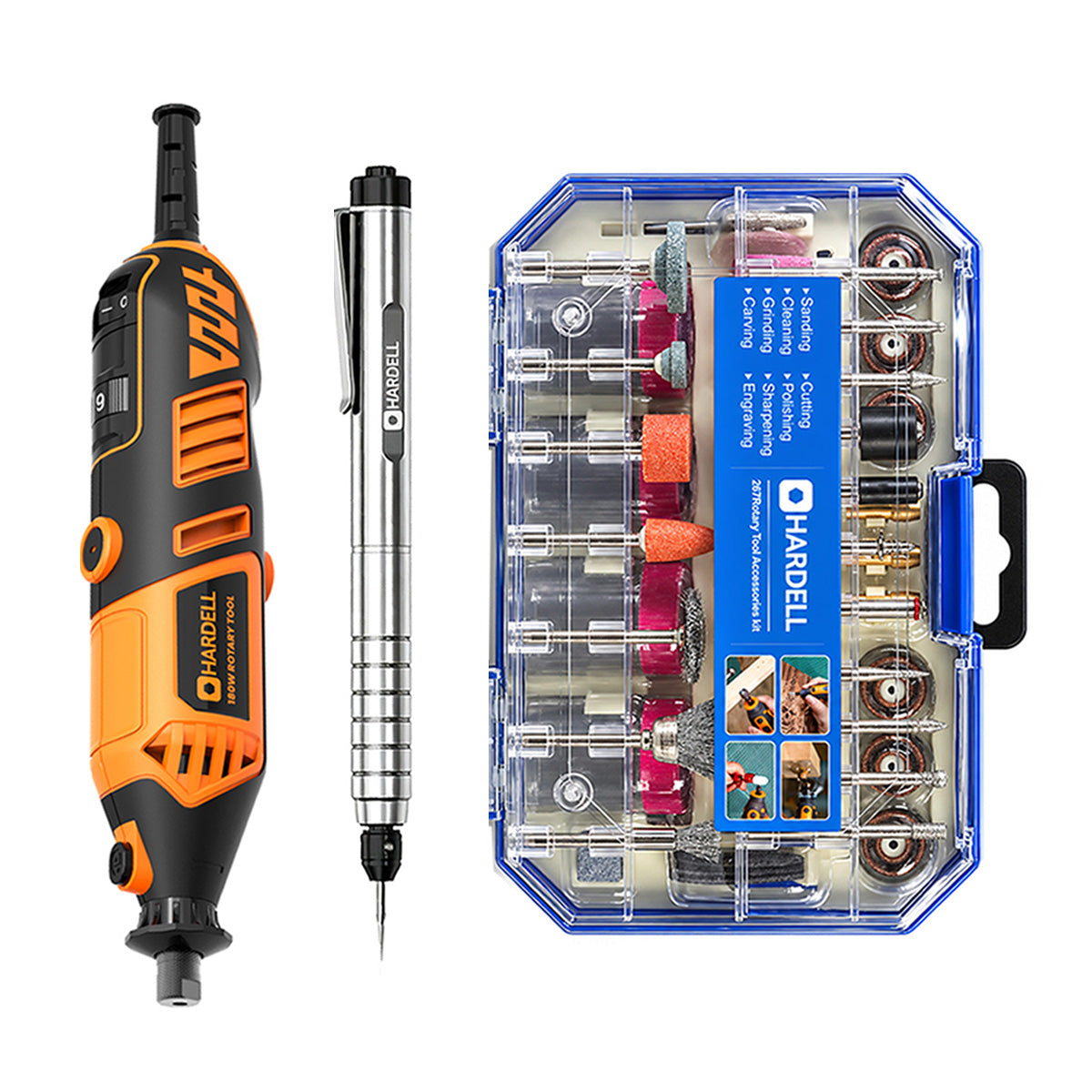HARDELL Orange 180W Rotary Tool & 12" Caliper Set with Engraver & 287pc Kit