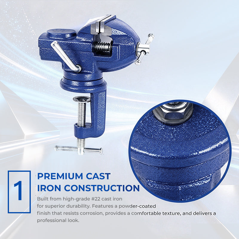 Heavy-Duty Blue Bench Vise with 360° Swivel Base & Hardened Jaws