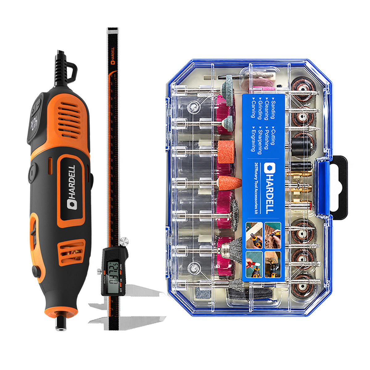 HARDELL Orange 200W Rotary Tool & 12" Caliper Set with Engraver & 287pc Kit