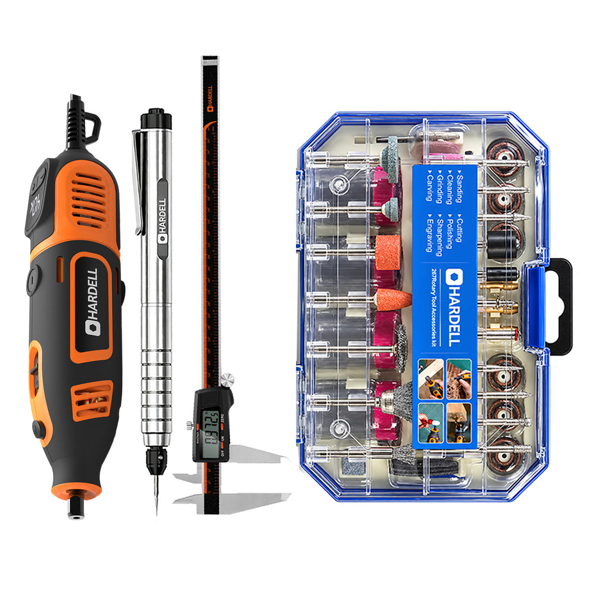 HARDELL Orange 200W Rotary Tool & 12" Caliper Set with Engraver & 287pc Kit