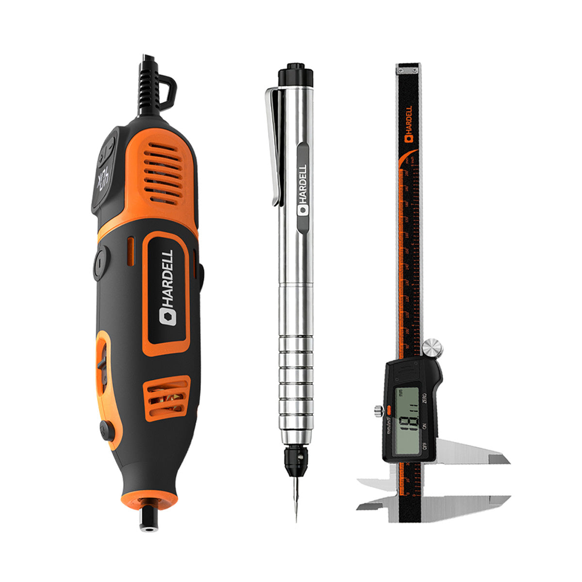 HARDELL Orange 200W Rotary Tool & 8" Caliper Set with Engraver & 287pc Kit
