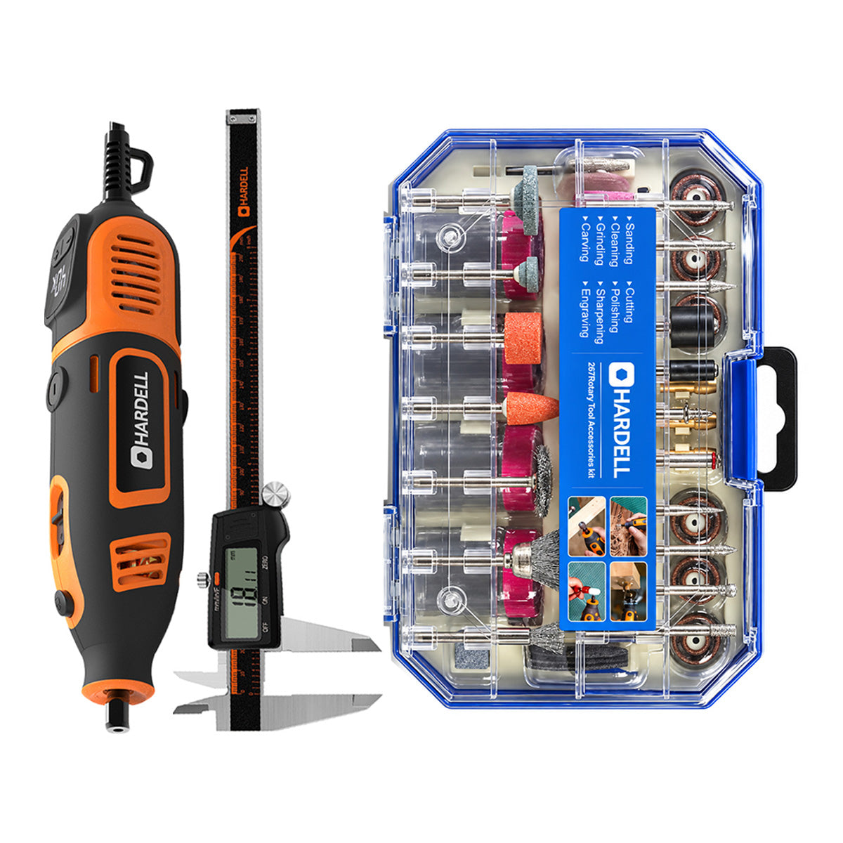 HARDELL Orange 200W Rotary Tool & 8" Caliper Set with Engraver & 287pc Kit