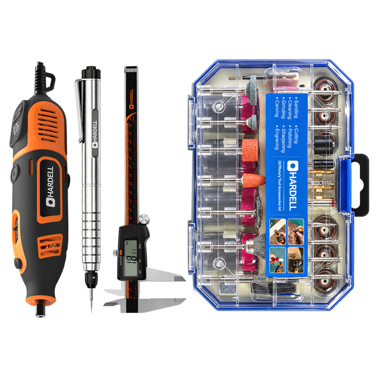 HARDELL Orange 200W Rotary Tool & 8" Caliper Set with Engraver & 287pc Kit