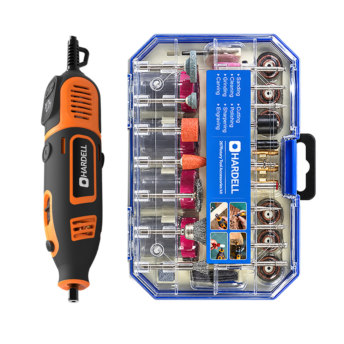 HARDELL Orange 200W Rotary Tool & 12" Caliper Set with Engraver & 287pc Kit