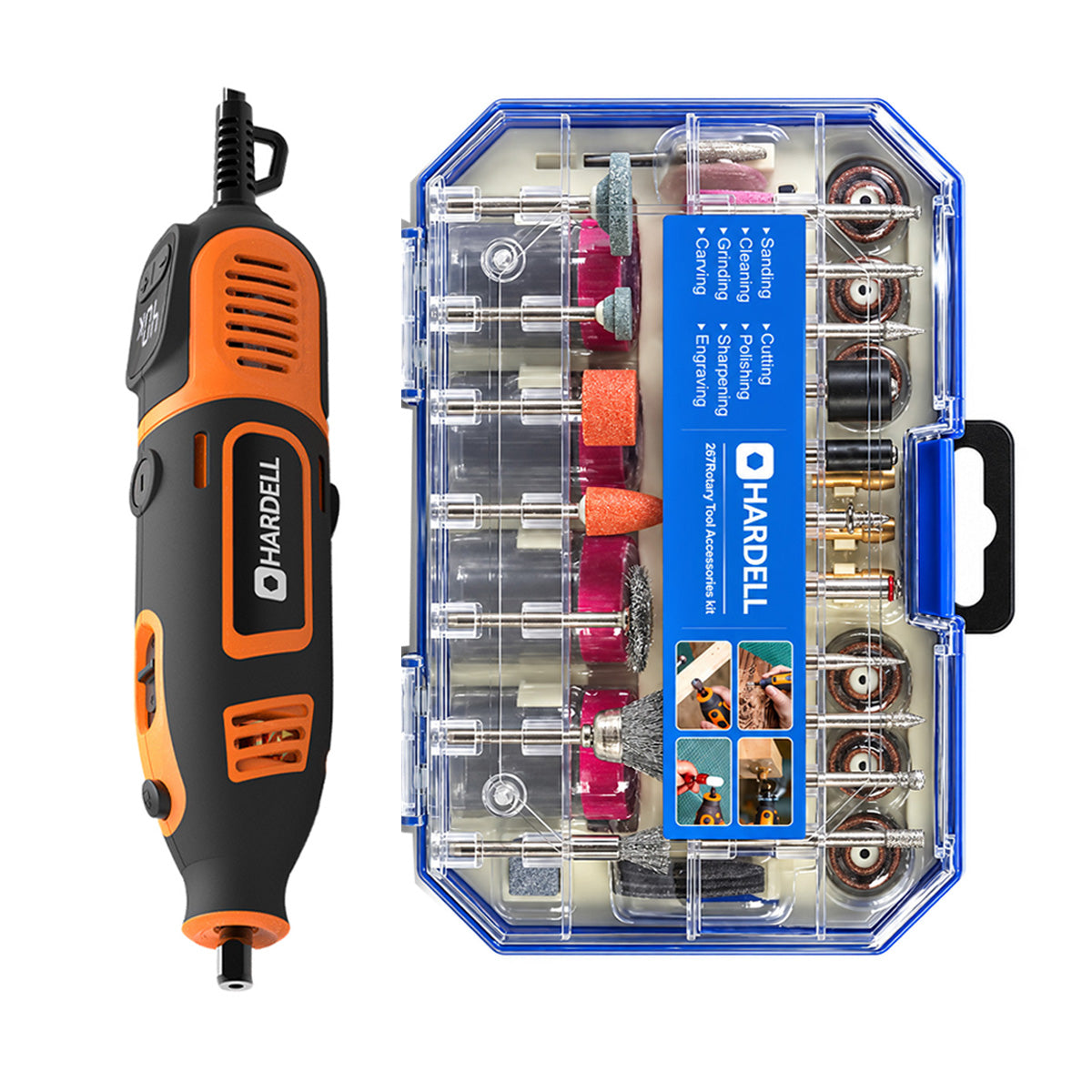 HARDELL Orange 200W Rotary Tool & 8" Caliper Set with Engraver & 287pc Kit