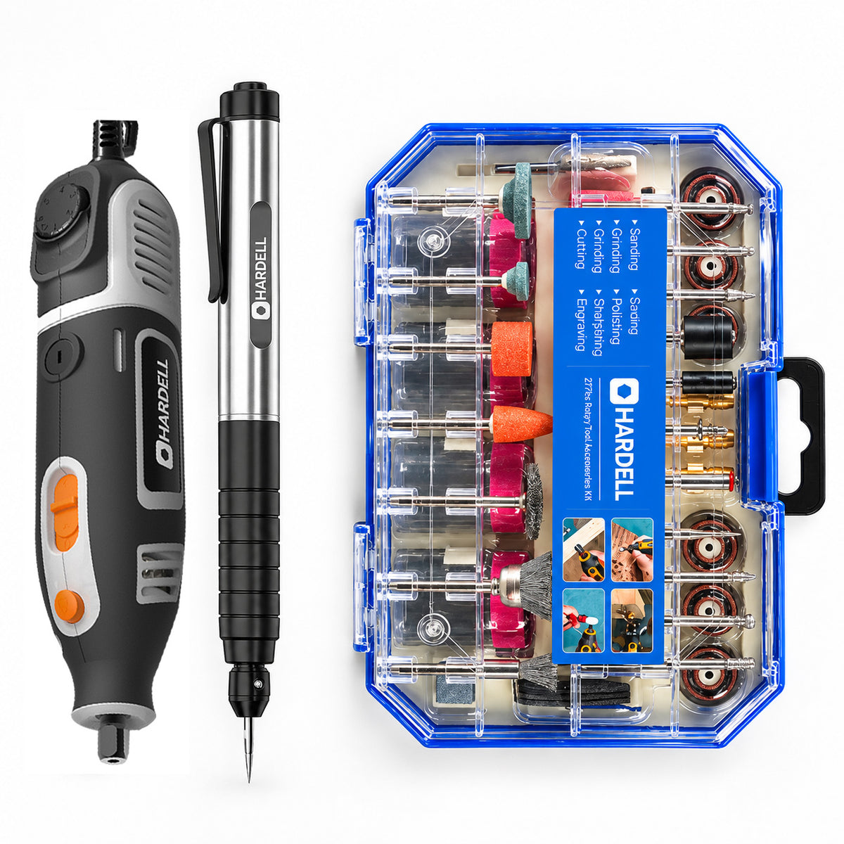 HARDELL Grey 200W Rotary Tool Set with Flex Shaft, Caliper, Engraver & 287pc Kit