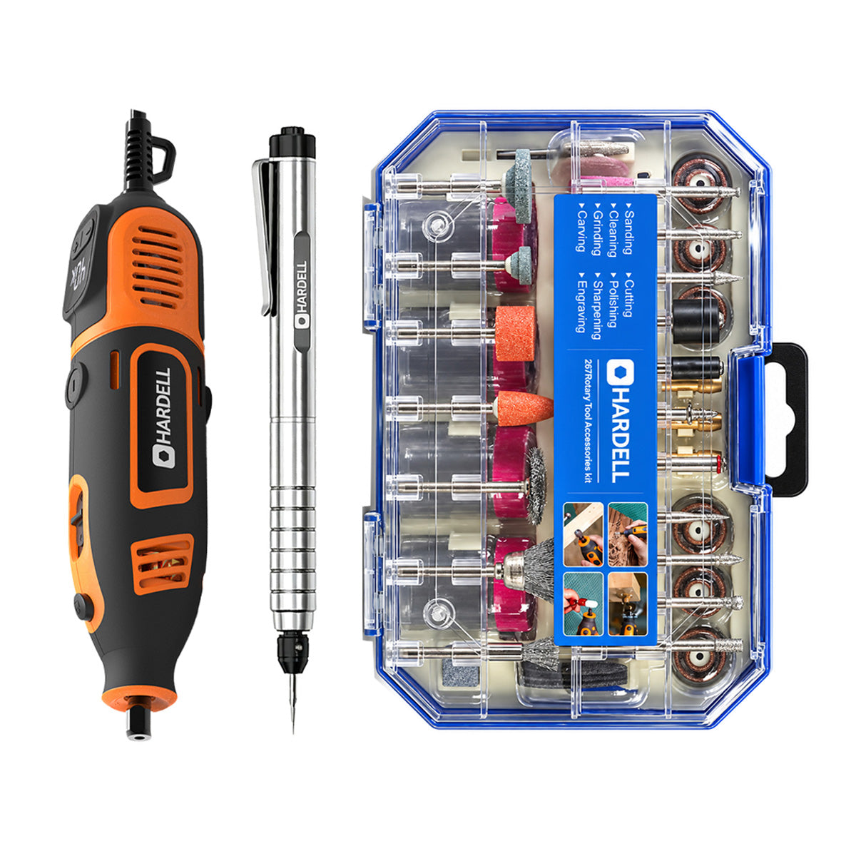 HARDELL Orange 200W Rotary Tool & 8" Caliper Set with Engraver & 287pc Kit