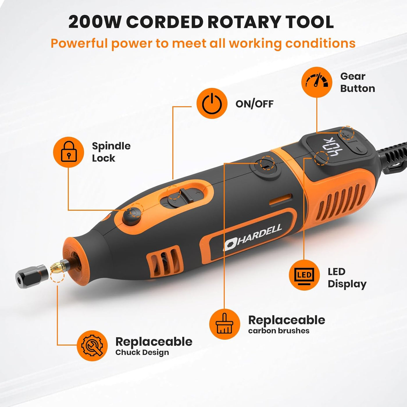 200w Corded Power Rotary Tool with Fine Speed Control and Flex Shaft - Hardell