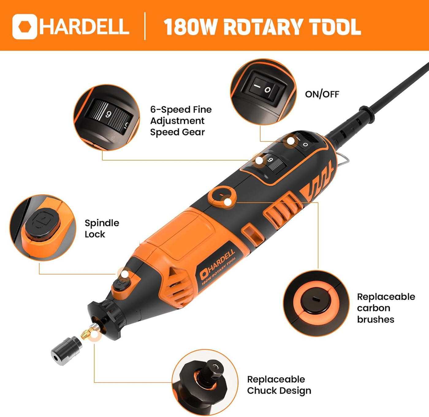 6 Variable Speeds 180w Corded Power Rotary Tool for DIY Crafts - Hardell