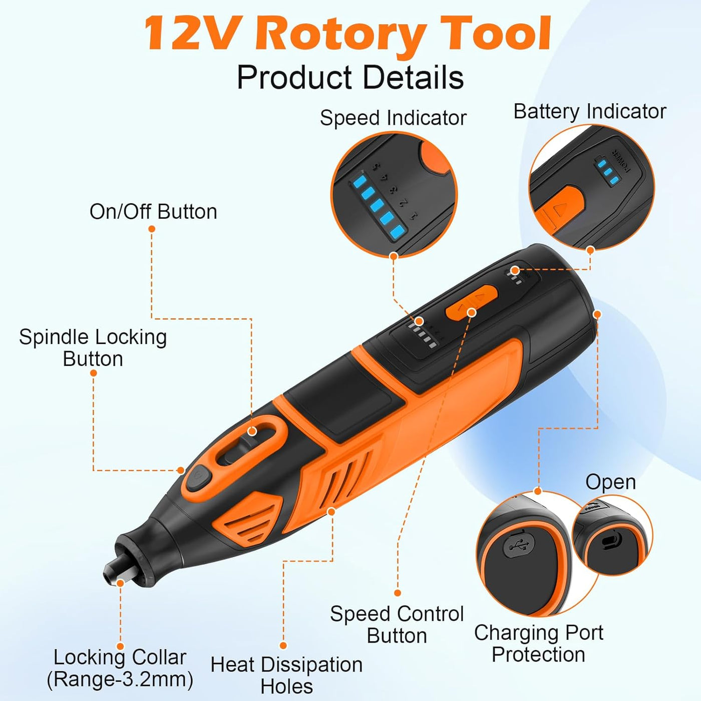 5 - Speed 12V Cordless Rotary Tool Kit with 80 Accessories 2Ah Battery - Hardell